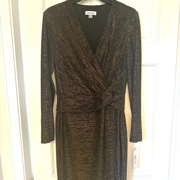 calvin klein metallic faux wrap dress Calvin Klein Petite Metallic Faux-Wrap Sheath Dress
